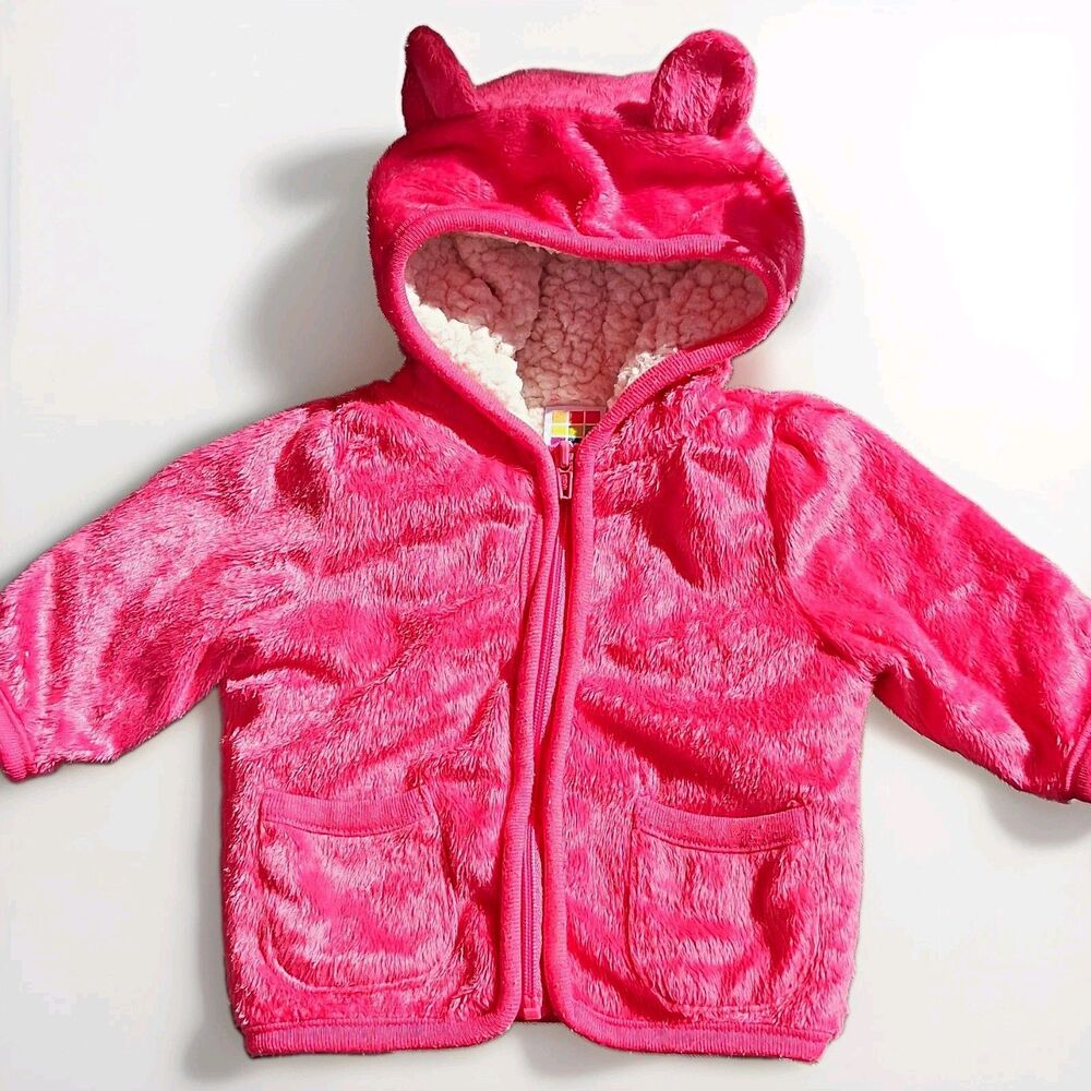 healthtex Pink Hooded Fleece Bear Jacket Full Zip Pockets Girls 0-3M